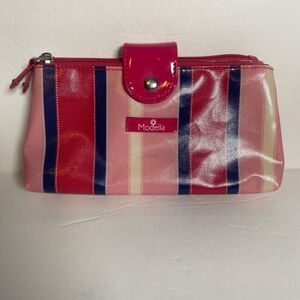 Modella Pink Stripe Cosmetic Bag Case Double Zip Compartments Travel Makeup